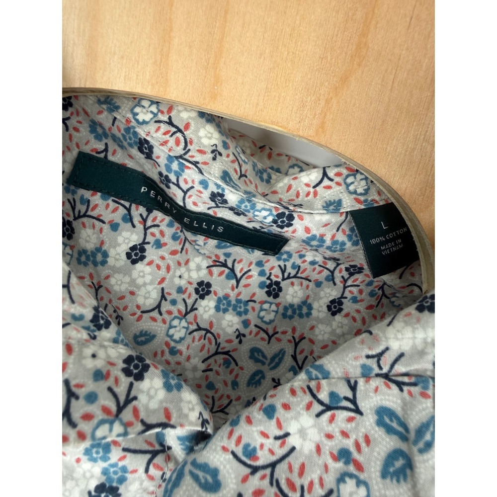Perry Ellis Mens Large Floral Button Down Shirt Long Sleeve Cotton Blue Red Whit - Picture 3 of 8